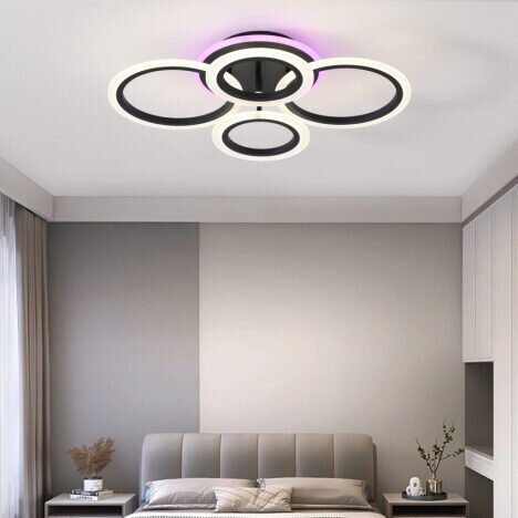 Lustra LED 102W Rings 4 Negru RGB, LED inclus, 4 surse de iluminare, Telecomanda, Dimabil, Lumina: C