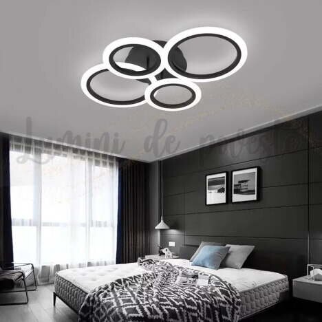 Lustra LED 102W Rings 4 Negru RGB, LED inclus, 4 surse de iluminare, Telecomanda, Dimabil, Lumina: C